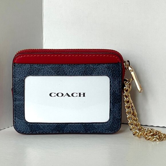 Coach Zip Card Case Wallet CW883 Blue Denim Red Canvas Chain Strap ID - Picture 2 of 6